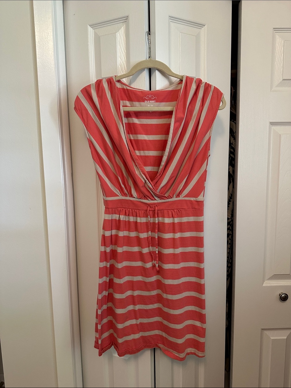 Old Navy Coral and Cream Striped V‑Neck Midi Dress
